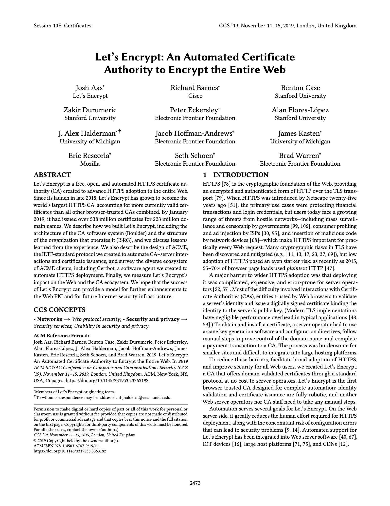 Let's Encrypt: An Automated Certificate Authority to Encrypt the Entire Web