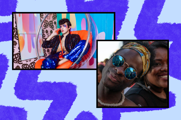 Two vibrant images showing individuals engaged in creative expression and community engagement. The left features a person in a stylish outfit sitting in a translucent chair, while the right depicts another person smiling and wearing sunglasses, highlighting diverse participation in civic activities.