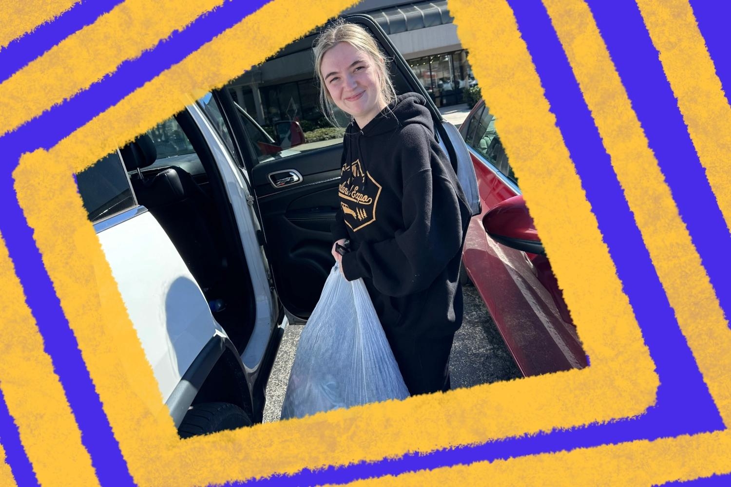 A smiling individual stands next to a car, holding a large bag filled with items, ready to participate in a community service activity. The image highlights volunteer opportunities and civic engagement as part of a program promoting leadership and service.