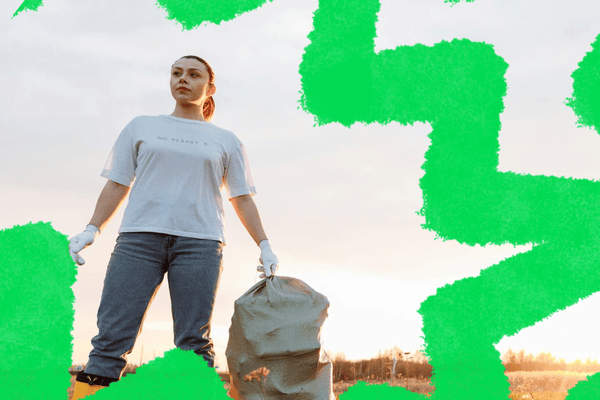 A person stands confidently in a grassy area at sunset, holding a large bag filled with trash, symbolizing community service and environmental stewardship. The background features a vibrant green abstract design, highlighting the importance of volunteer opportunities and civic engagement.