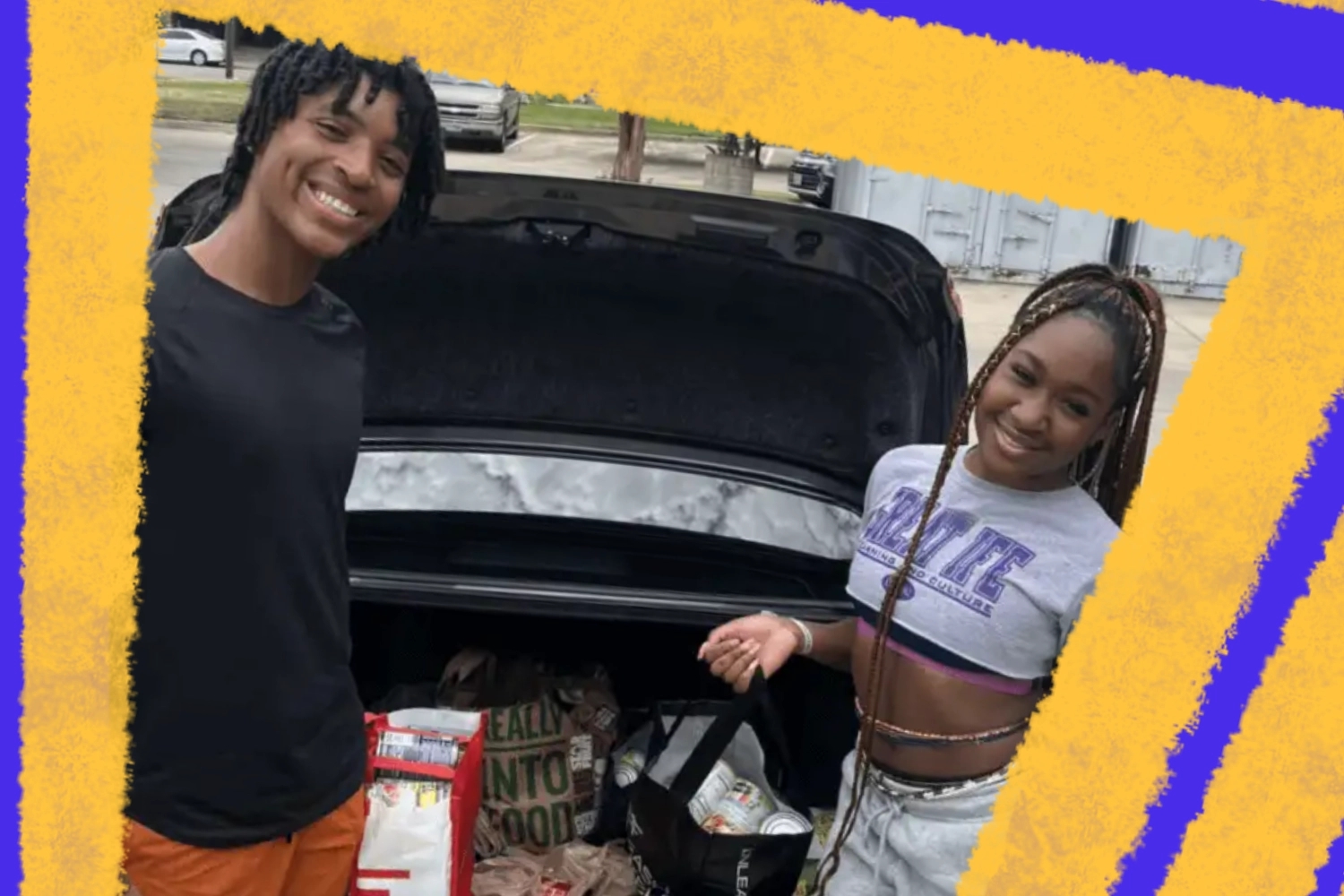 Two volunteers smile and pose next to a car trunk filled with bags of food, showcasing their commitment to community service. This image highlights opportunities for civic engagement and support within the community.