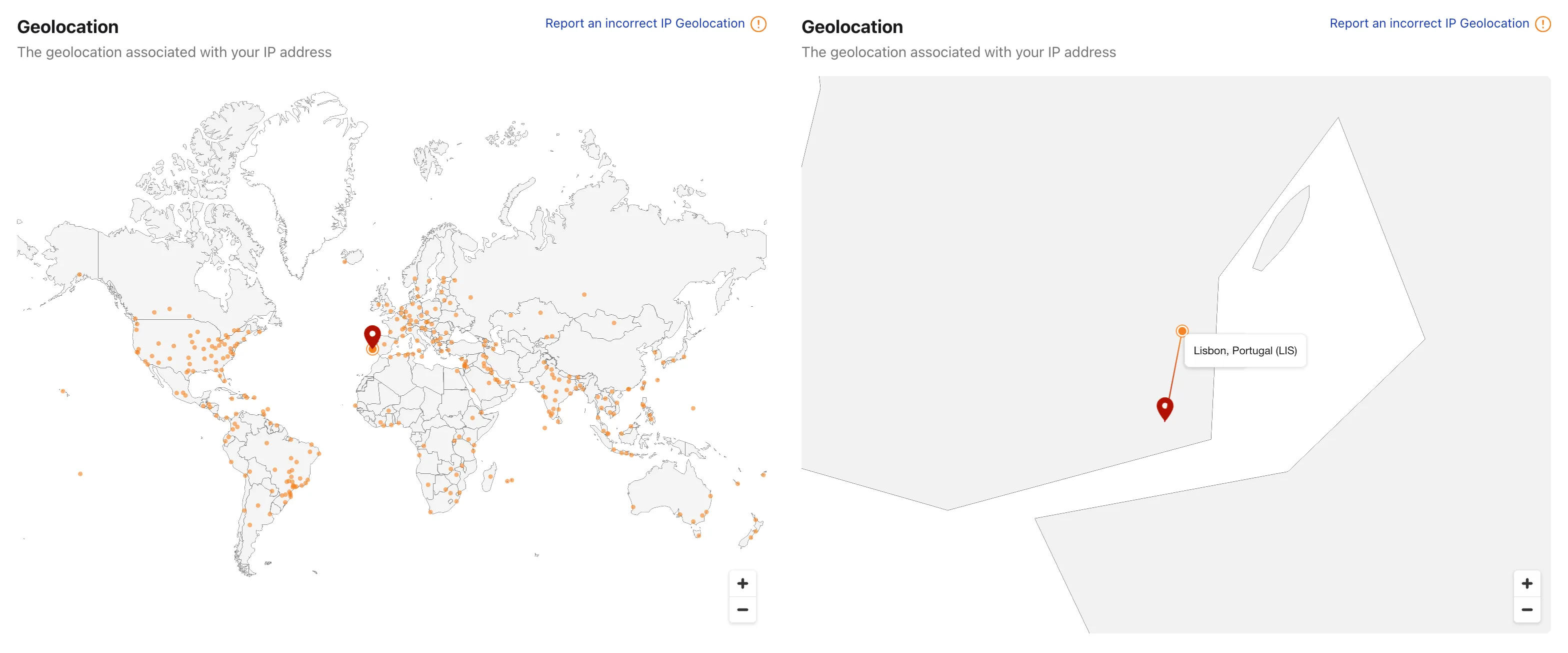 Map showing Cloudflare data centers and a marker representing the IP location with a line connected to a data center