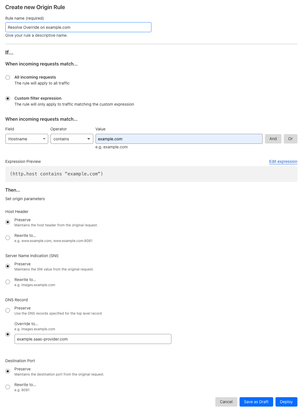 Origin rule matching the 'Resolve Override' setting of the example Page Rule