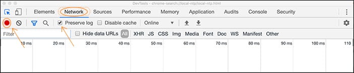 Where to find the record button in Chrome's dev tools.