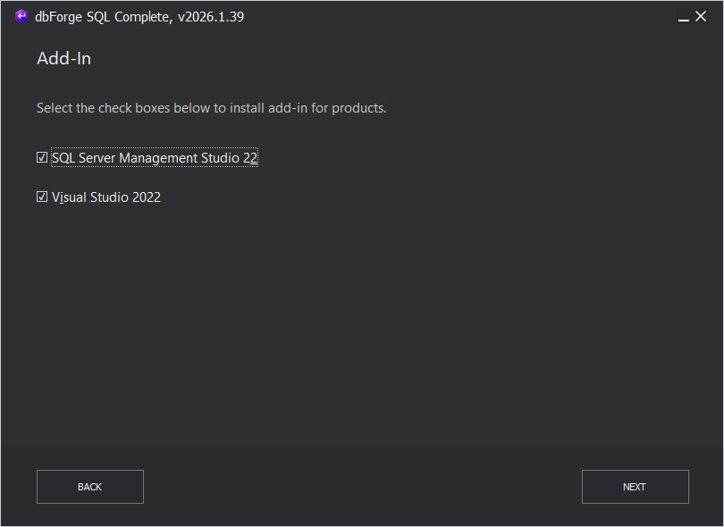 Add-ins selection
