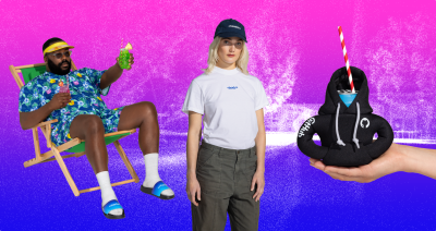 Items from the new ESC collection at the GitHub Shop are featured in front of a colorful background. Items include a hoodie coozie, a tee shirt, and a Cabana set of matching shirt and shorts.