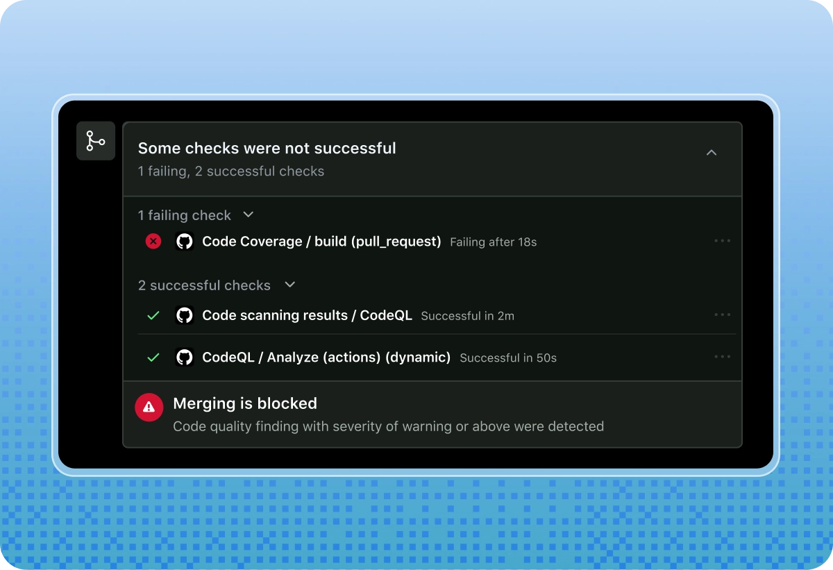 GitHub pull request checks blocking a merge after a code quality check fails.