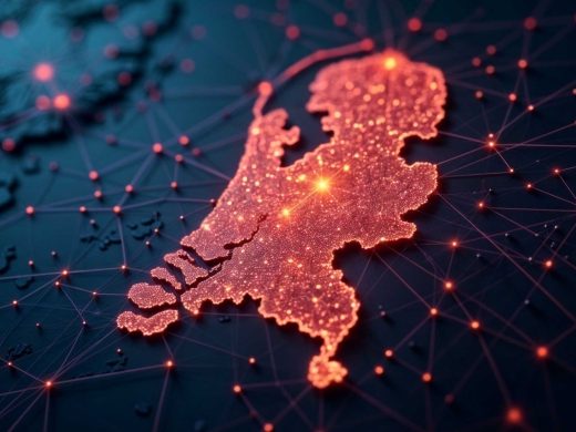 Digital sovereignty of the Netherlands: A bright red network map of the country on a dark background, representing secure connectivity and cloud infrastructure. Futuristic cyber map aesthetics.