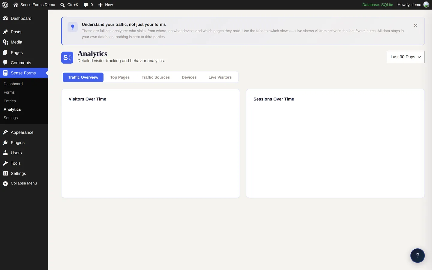 Sense Forms analytics dashboard with visitor and source breakdowns