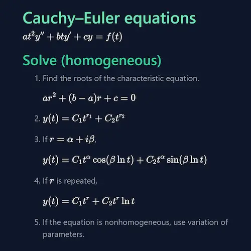 A reference sheet for MATH 20D, my differential calculus class, listing all the types of differential equations we were taught and how to solve them.